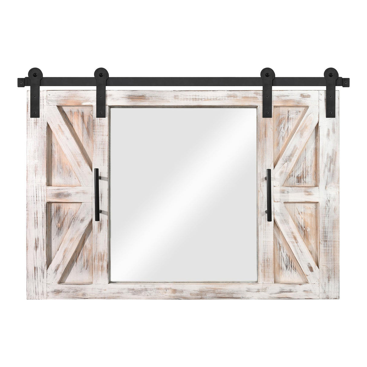 COGOOD Farmhouse Barn Door Mirror - 37" x 26" Rustic Wood Framed Mirror Wall Decor for Dining Room, Bathroom, Living Room, Bedroom Decorative, Rustic White COGOOD