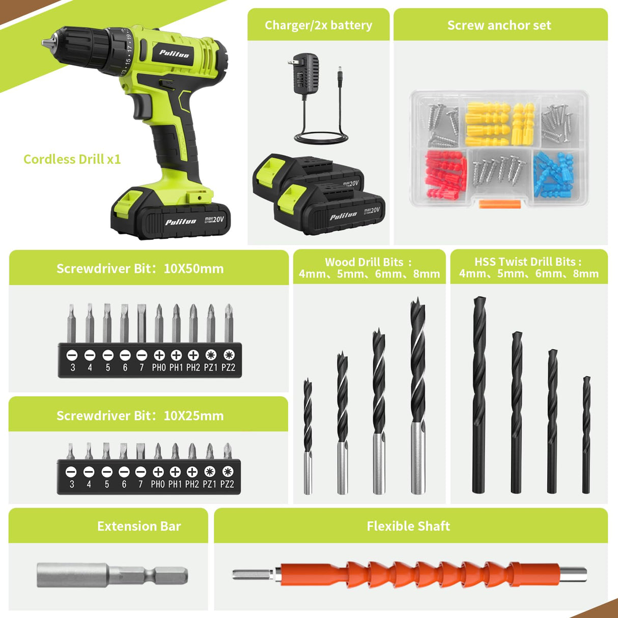 PULITUO'S 20V Cordless Drill/Driver, Electric Screwdriver - 2 Batteries, 30Nm, 21+1 Torque, 2 Speed, Keyless 3/8" Chase Drill with LED Light, Kit for Home (Green) PULITUO