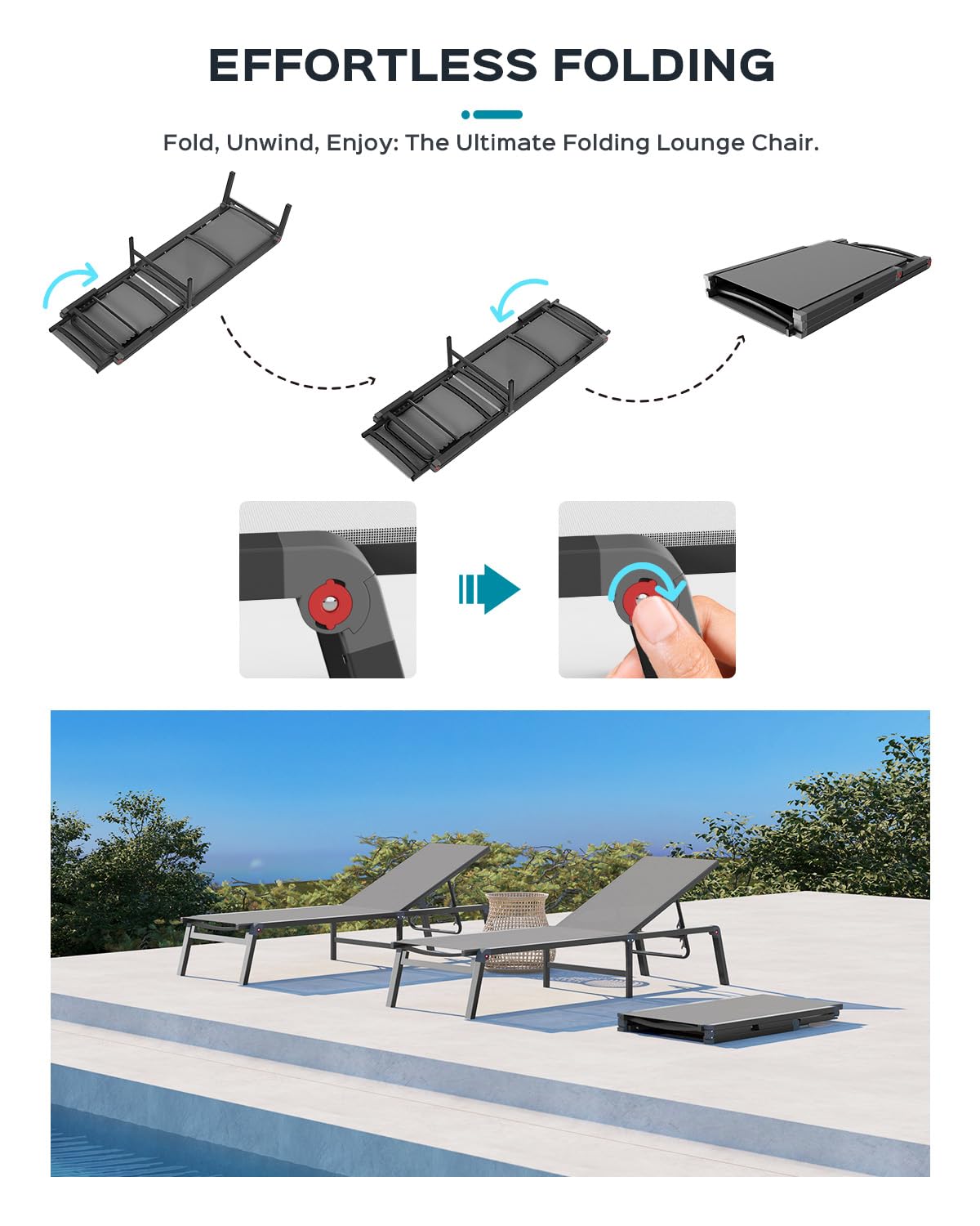 Aluminum Chaise Lounge Ourdoor - Foldable & Assemble Free Outdoor Lounge Chair with 5 Adjustable Backrest, Patio Lounge Chair for Outside Poolside Beach Pool, Grey Ciokea