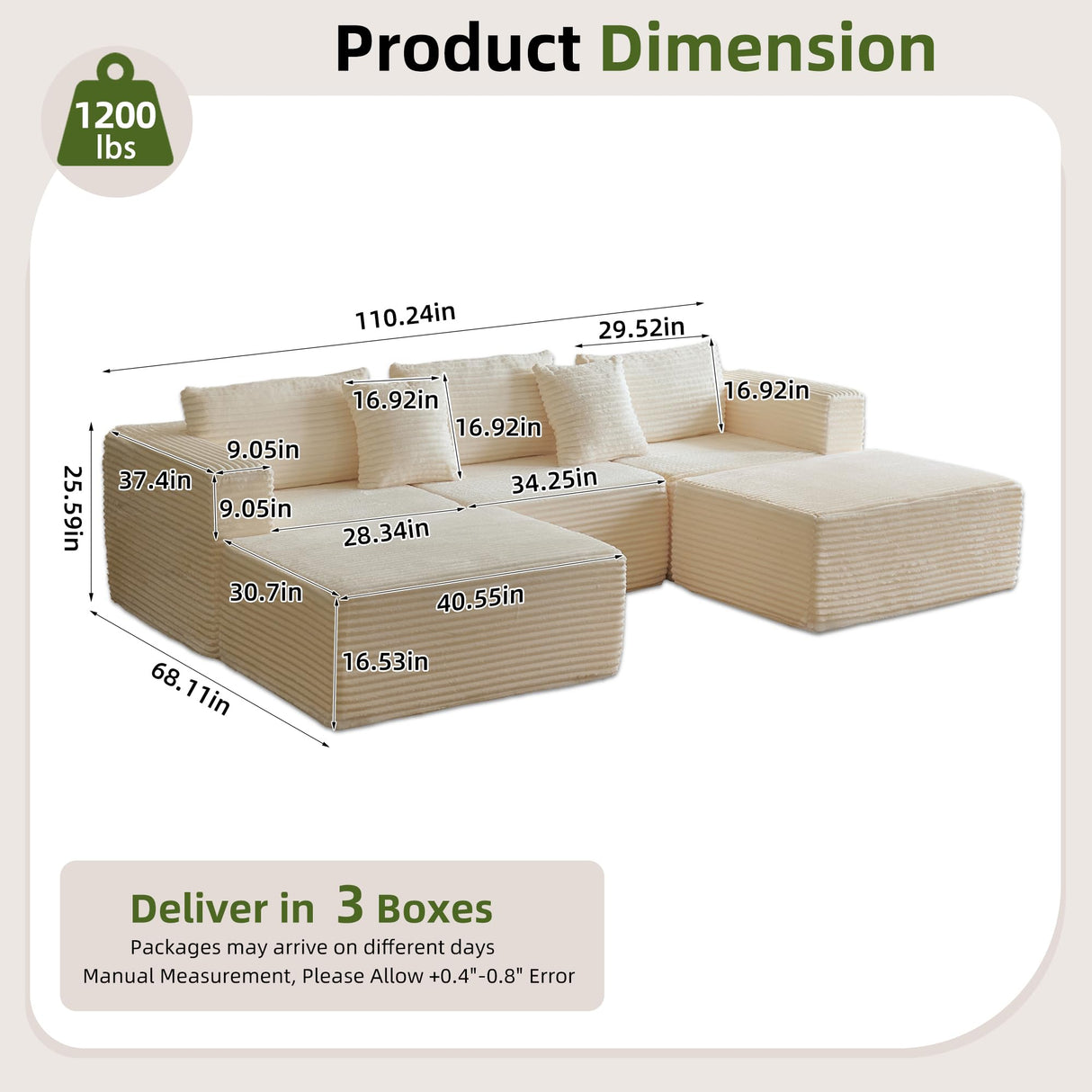 110" Modular Sectional Couch with 2 Movable Ottoman, Cloud Sofa Couches for Living Room, U Shaped Deep Seat Boneless Sofa,Luxury Corduroy Fabric, No Assembly Required White Veloflow