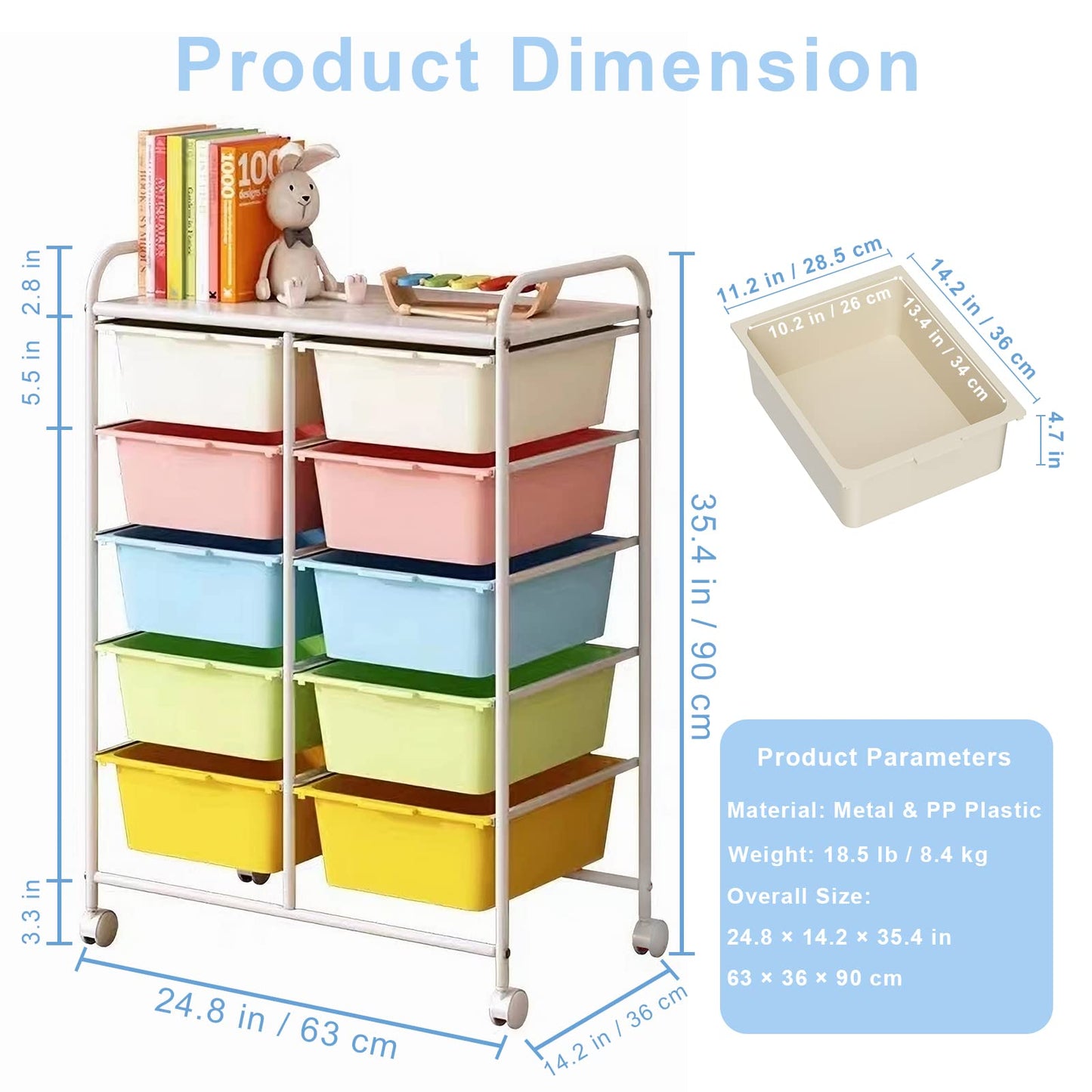 Ytaoka 10 Drawers Rolling Storage Cart, Plastic Drawer Cart with Metal Frame, Multipurpose Art Craft Cart Organizer with Wheels, Utility Cart with Drawers for Home, Office, School, Multicolor - WoodArtSupply