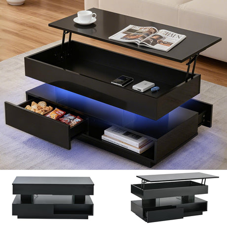 39.37" Lift Top Coffee Table with Hidden Storage & 2 Drawers, Modern High Gloss Center Table for Living Room, Heavy Duty Wood Coffee Table with LED Lights, Apartment Small Space Furniture (Black) Anwick