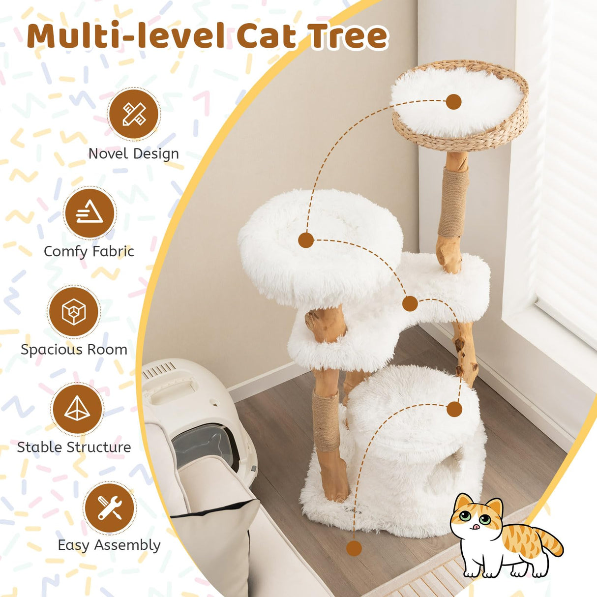 Tangkula Cat Tree for Indoor Cats, Solid Wood Modern Cat Tower with Top Cattail Basket Cat Bed, Side Perch, Large Platform & Cat Condo, Cute Cat Tree with Scratching Posts for Large Cats (49 Inch) Tangkula