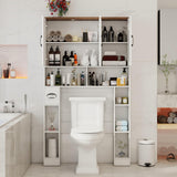 Over The Toilet Storage Cabinet, Farmhouse Toilet Cabinet Rack with 3 Barn Doors, Space Saving Bathroom Organizer with Shelves, Toilet Paper Holder and Towel Rack for Bathroom,Restroom,Laundry, White Vabches