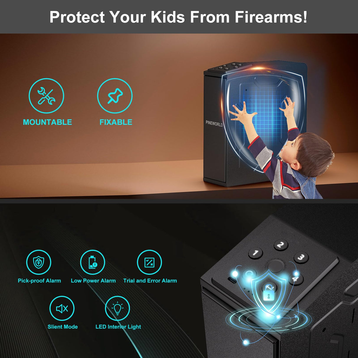 PINEWORLD Gun Safe For Handgun, Biometric Slider Bedside Handgun Safe, Pistol Lock Case for Nightstand,Sliding Door Hand Gun Safe for Pistol -with 3 Quick Access Fingerprint, PIN Code, KEY PINEWORLD