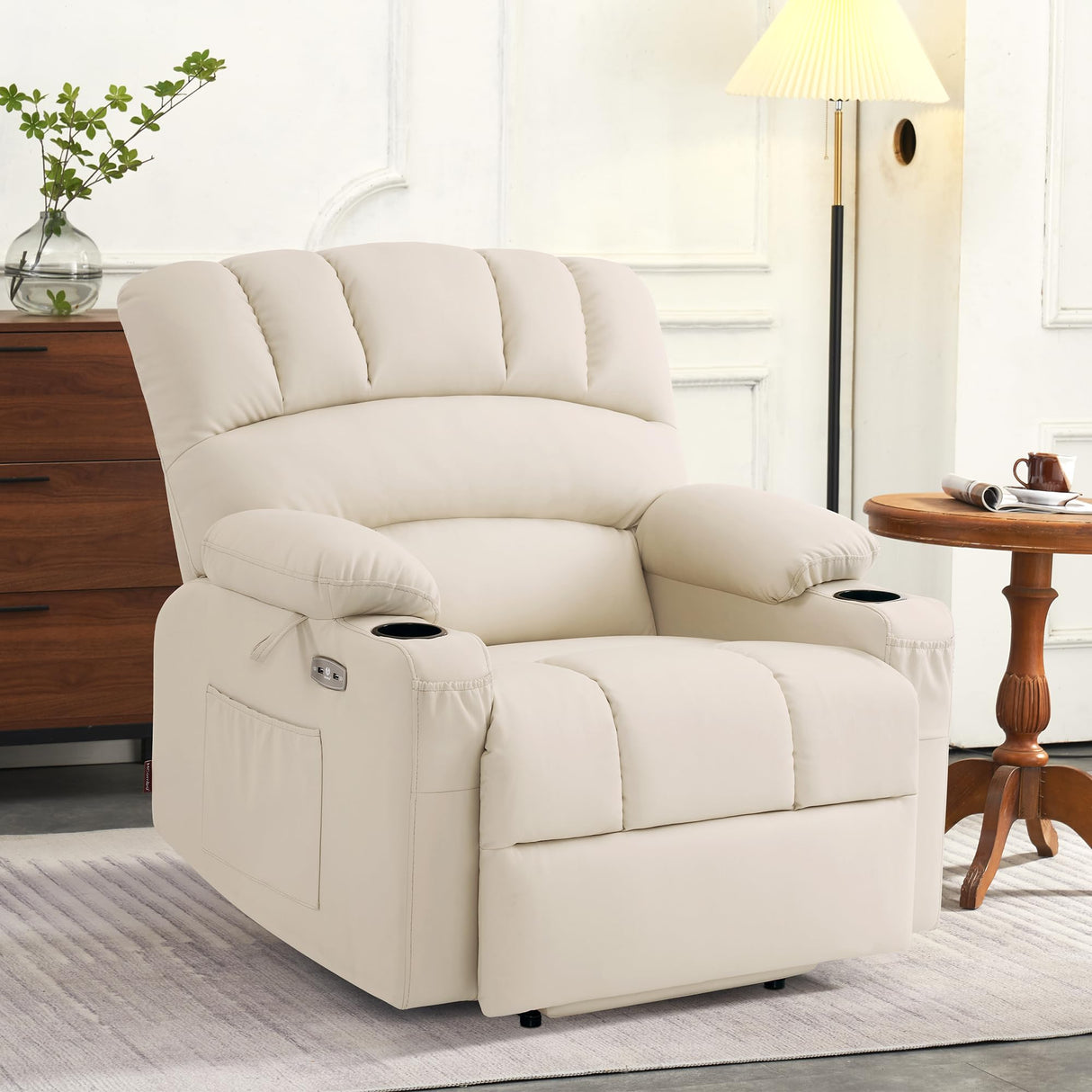 MCombo Power Lift Recliner Chair Sofa with Massage and Heat for Big Elderly People, Cup Holders, USB Ports, Side Pockets, Faux Leather R7096 (Medium-Wide, Cream White) MCombo
