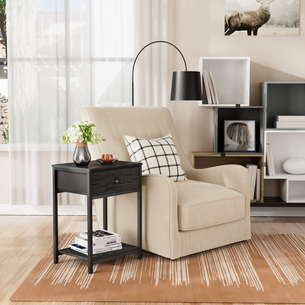 Furologee Nightstand with Fabric Drawer & Storage Shelf, Small Bedside Table Organizer for Small Space, 2 Tiers Industrial End Table, Side Table for Living Room, Bedroom, Black Oak Furologee