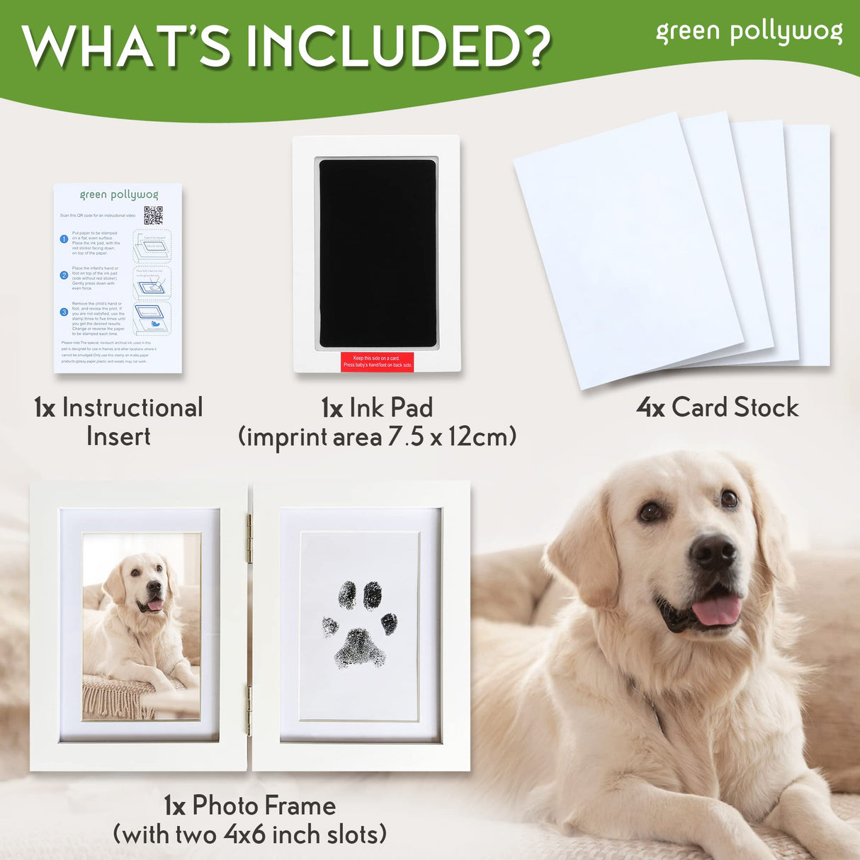 Green Pollywog | Paw Print Pet Keepsake Hinge Photo Frame + Ink Pad Kit | Dog Paw Print Kit | Extra-Large Ink Pad Included | 4 x 6 Picture Openings Green Pollywog