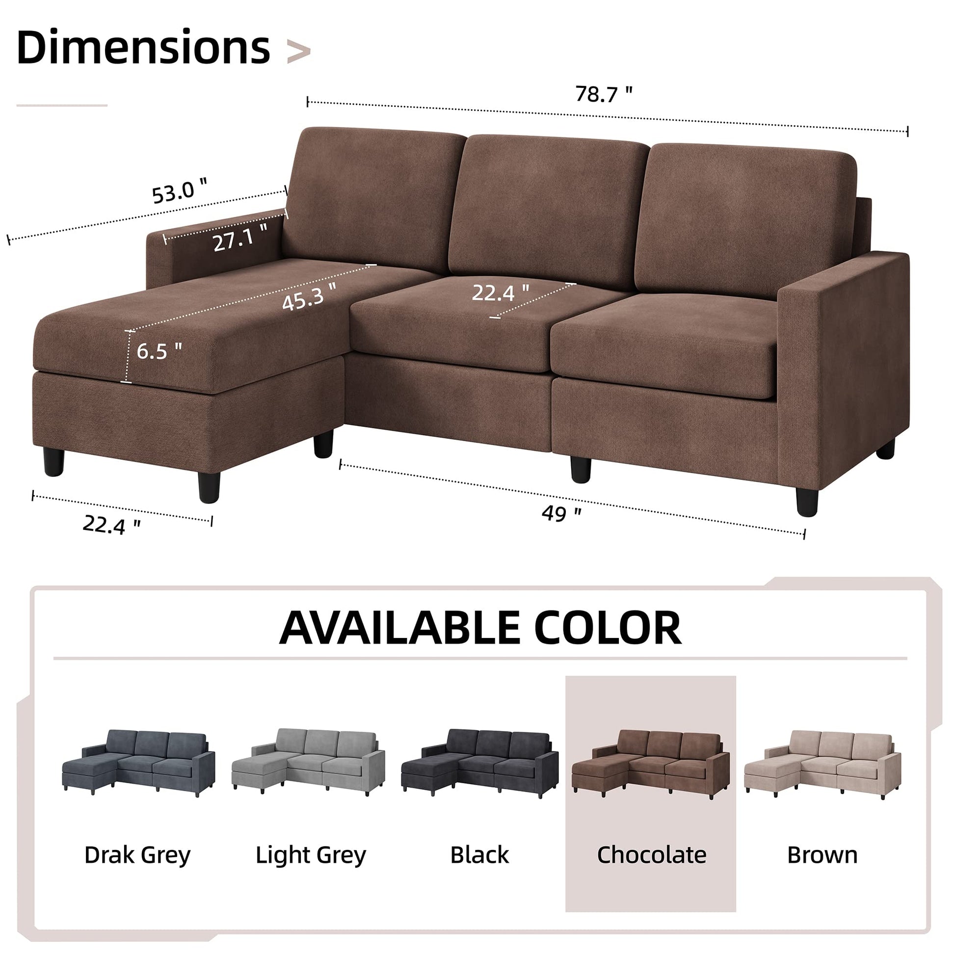 Shintenchi Convertible Sectional Sofa Couch, Modern Linen Fabric L-Shaped , 3-Seat Sofa Sectional with Reversible Chaise for Small Living Room, Apartment and Small Space (Chocolate) - WoodArtSupply