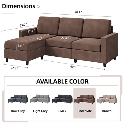 Shintenchi Convertible Sectional Sofa Couch, Modern Linen Fabric L-Shaped , 3-Seat Sofa Sectional with Reversible Chaise for Small Living Room, Apartment and Small Space (Chocolate) - WoodArtSupply