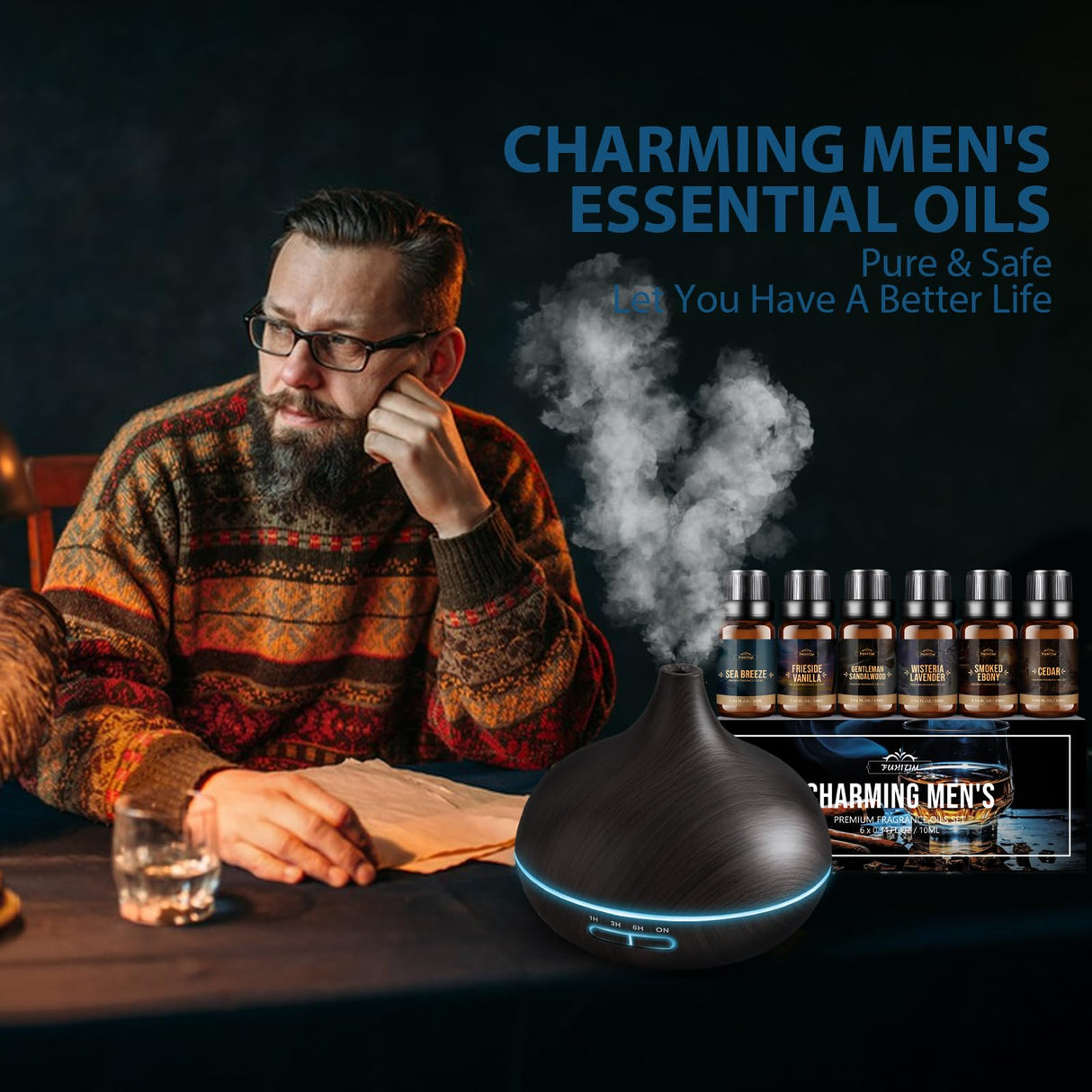 FUHITIM Fragrance Oil, Charming Men's Set Diffuser Oil for Home, Soap & Candle Making Scents, Aromatherapy Essential Oils -Sea Breeze, Fireside Vanilla, Cedar and More(6 * 10ML) FUHITIM