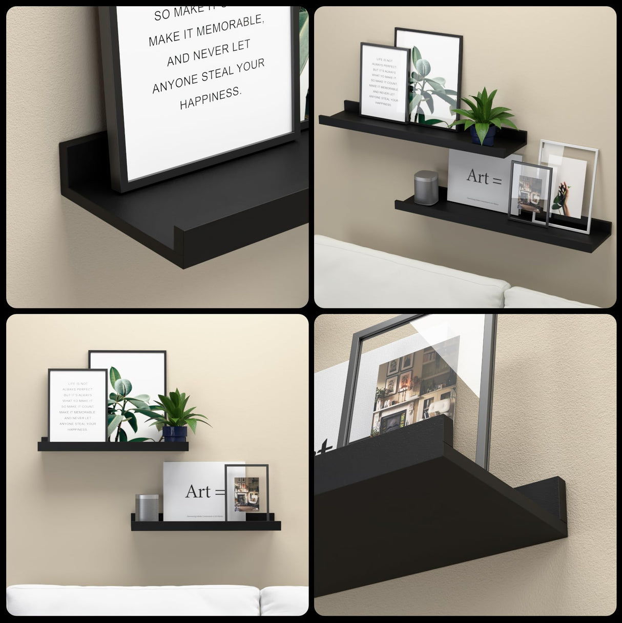 Boswillon Floating Shelves Wall Mounted Set of 2, Modern Black Wall Shelves for Storage with Lip, Display Picture Ledge Shelf for Wall Decor Bedroom Living Room Bathroom Kitchen Boswillon