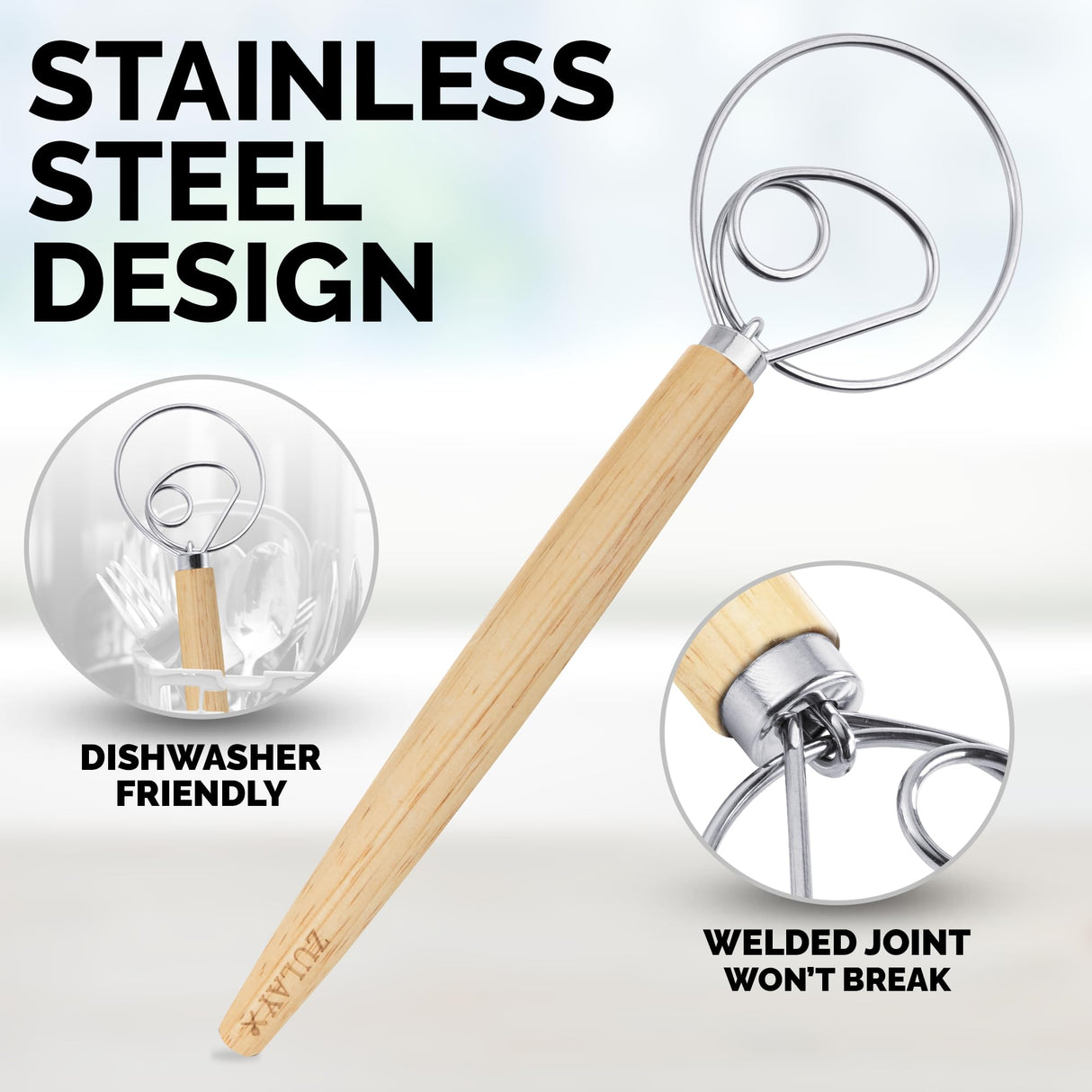 Zulay Kitchen 13-Inch Danish Dough Whisk - Wooden Danish Whisk for Dough with Stainless Steel Dough Hook - Traditional Dutch Whisk - Bread Whisk for Sourdough, Pizza, Pastry, Cake Batter Zulay Kitchen