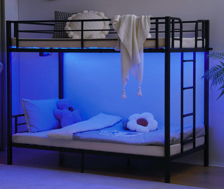 VINGLI Metal Bunk Bed Frame Twin Over Twin with LED Lights, Non-Slip Ladder, Full Length Guardrail, Charging Station, for Kids, Teens & Adults, Space-Saving, No Box Spring Needed, Black VINGLI