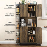 Seeday Industrial Style Kitchen Pantry Storage Cabinet, Brown Tall Kitchen Hutch with Microwave Stand, Food Pantry Cabinet with Side 6 Shelves and 2 Doors for Dining Room, Living Room Seeday