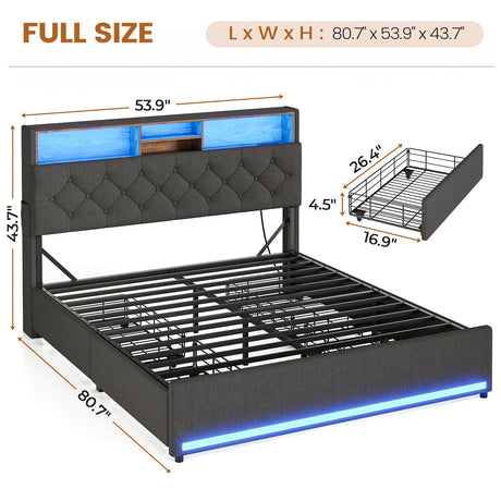 BTHFST Full Size Bed Frame with 4 Drawers & Charging Station, LED Bed Frame Full Size with Hidden Storage Headboard, Upholstered Metal Bed Full, No Box Spring Needed, Dark Grey BTHFST
