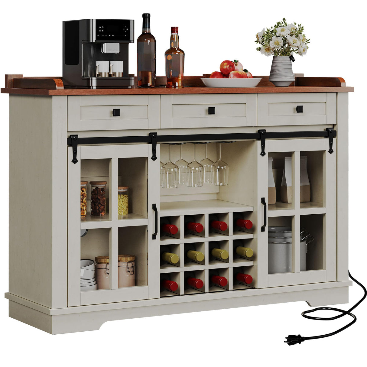DWVO Farmhouse Wine Bar Cabinet with Power Outlet, 53" Farmhouse Home Bar Cabinet Buffet Cabinets with Wine & Glass Rack for Kitchen, Dining Room, Antique White DWVO