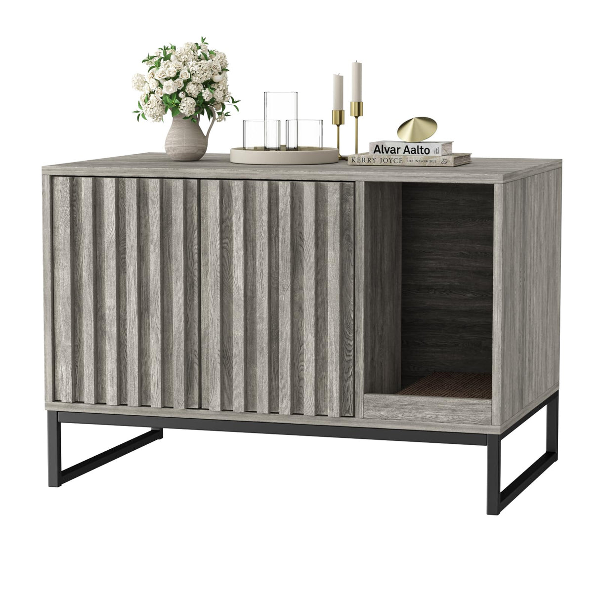 Halitaa Litter Box Enclosure, Modern Cat Litter Box Enclosure Furniture Hidden Litter Box with Cat Scratch Pad, Cat Washroom Cat House End Table, Entryway Bench for Livingroom (Grey) Halitaa