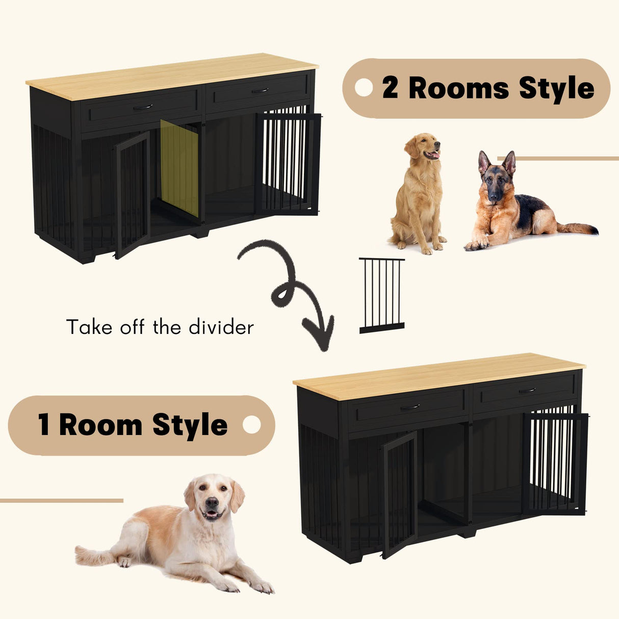 Lovinouse Furniture Style Dog Crate with Double Room, Wooden Dog Kennel with Double Doors and Removable Divider, Dog House Side End Table for Small Medium Large X-Large Dogs(Black + Wood) Lovinouse