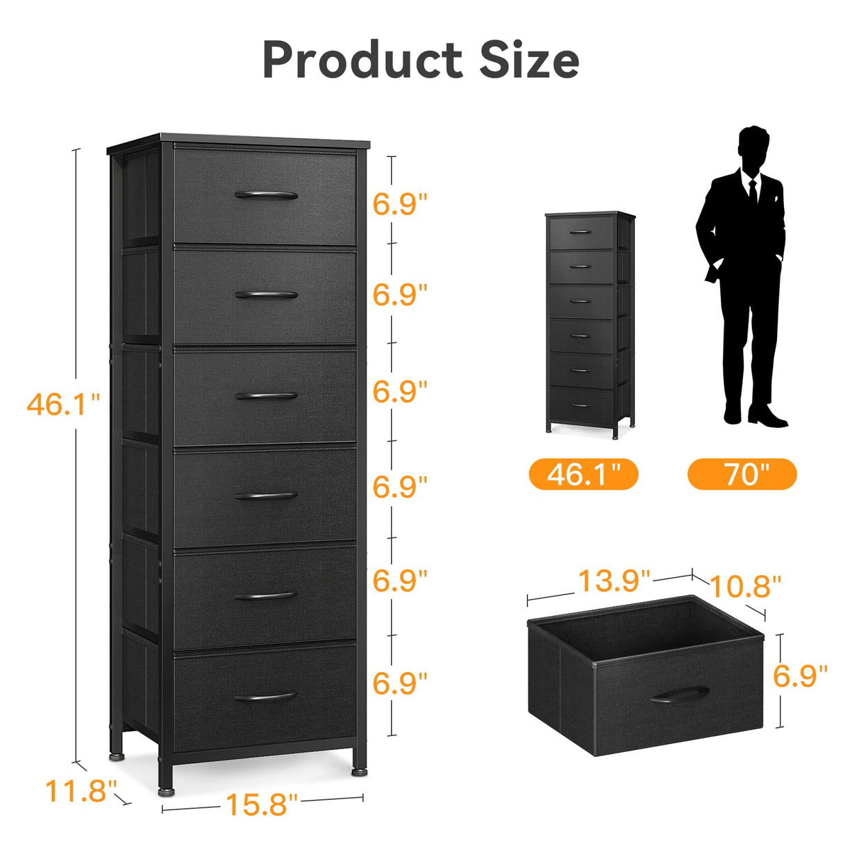 AODK Tall Dresser for Bedroom, Storage Dresser Organizer with 6 Fabric Drawers, Dressers Chests of Drawers, Fabric Dresser with Sturdy Steel Frame for Closet Storage, Hallway, Black AODK