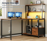 HOOBRO L Shaped Gaming Desk, Reversible Computer Desk with LED Light & Power Outlet, Corner Desk with Storage Shelves & Drawer, for Home Office, Study, Rustic Brown and Black BF18UDDN01 HOOBRO