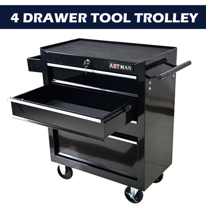 SumKea 4 Drawers Cart 24.25" Rolling Toolbox, with Key Locking and 4 Wheels Tool Boxes, Suitable for Garages, Warehouses, Workshops, Repair Shops, Black - WoodArtSupply