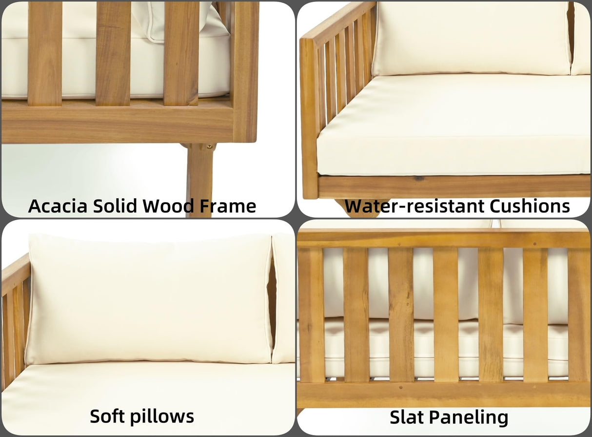 Merax Outdoor 3 Seater Daybed, Acacia Wood Day Bed Couch Sofa with Cushions for Patio Backyard, Garden, Beige Merax