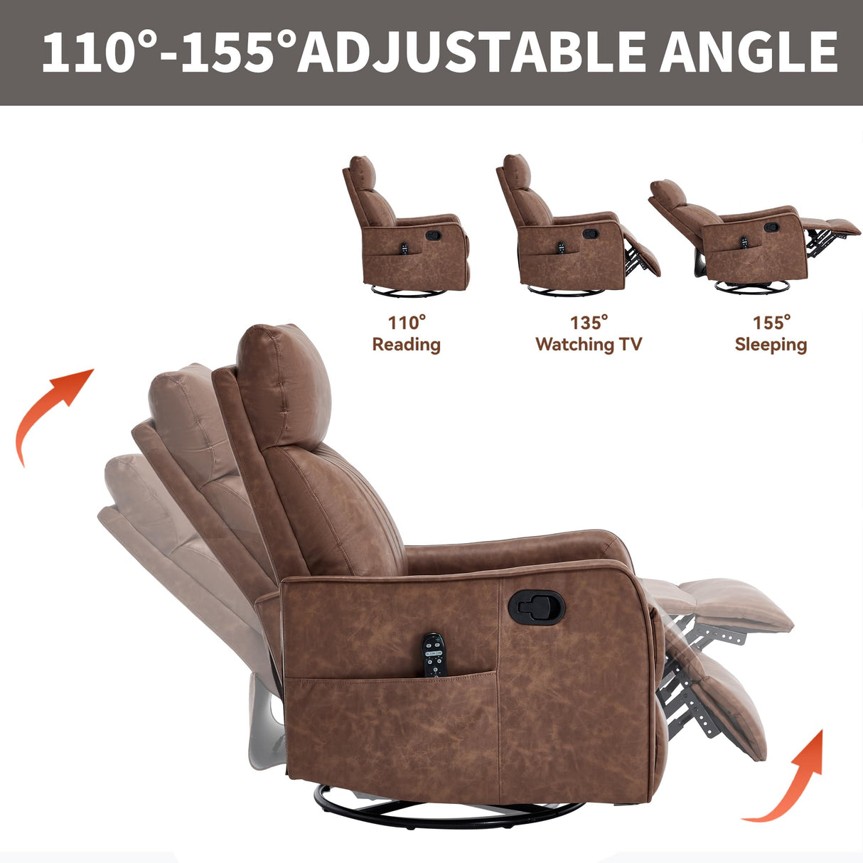 PELUMY Recliner Chair Swivel Rocking with Heat Massage - 360° Manual Recliner, 8-Point Vibrating & Lumbar Heat, Easy Assembly Chair for Living Room (Breathable Leather, Brown) PELUMY