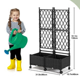FOLLOOK Planter Box with Trellis, 4ft Tall Self-Watering Plastic Raised Garden Beds and Lattice Trellis with Lockable Wheels & Drain Plug for Outdoor Patio Backyard Balcony, Black, 2 Pcs FOLLOOK