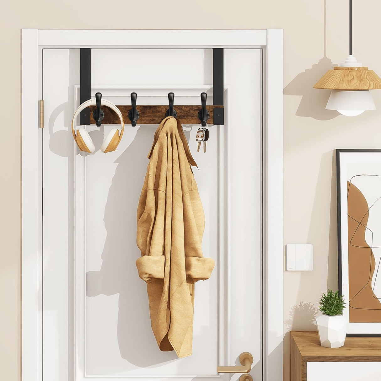 Homode Over The Door Hooks Heavy Duty, Wood Over Door Hanger Hook, Over Door Towel Rack with Coat Hooks for Hanging Towels Clothes Hats Bags, Back of Bathroom Door, Rustic Brown Black Homode