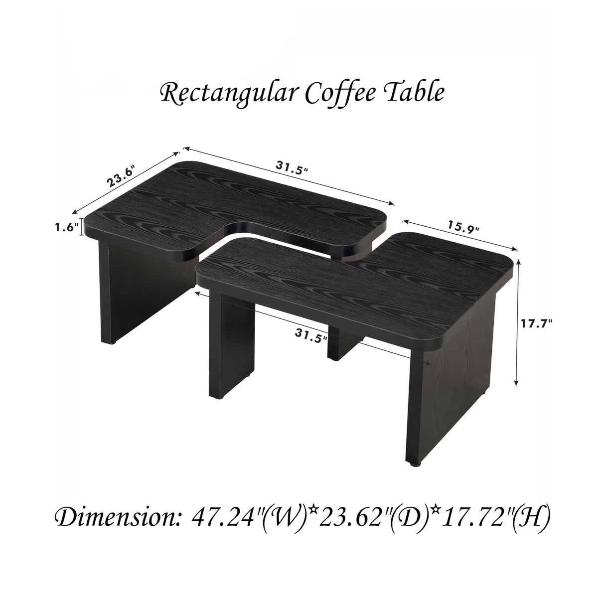 FIVEGIVEN Black Modern Coffee Table - Modular L Shaped Convertible to Square/Rectangle, 47.2 Inch Wooden Coffee Table with Rounded Corners & Adjustable Feet FIVEGIVEN