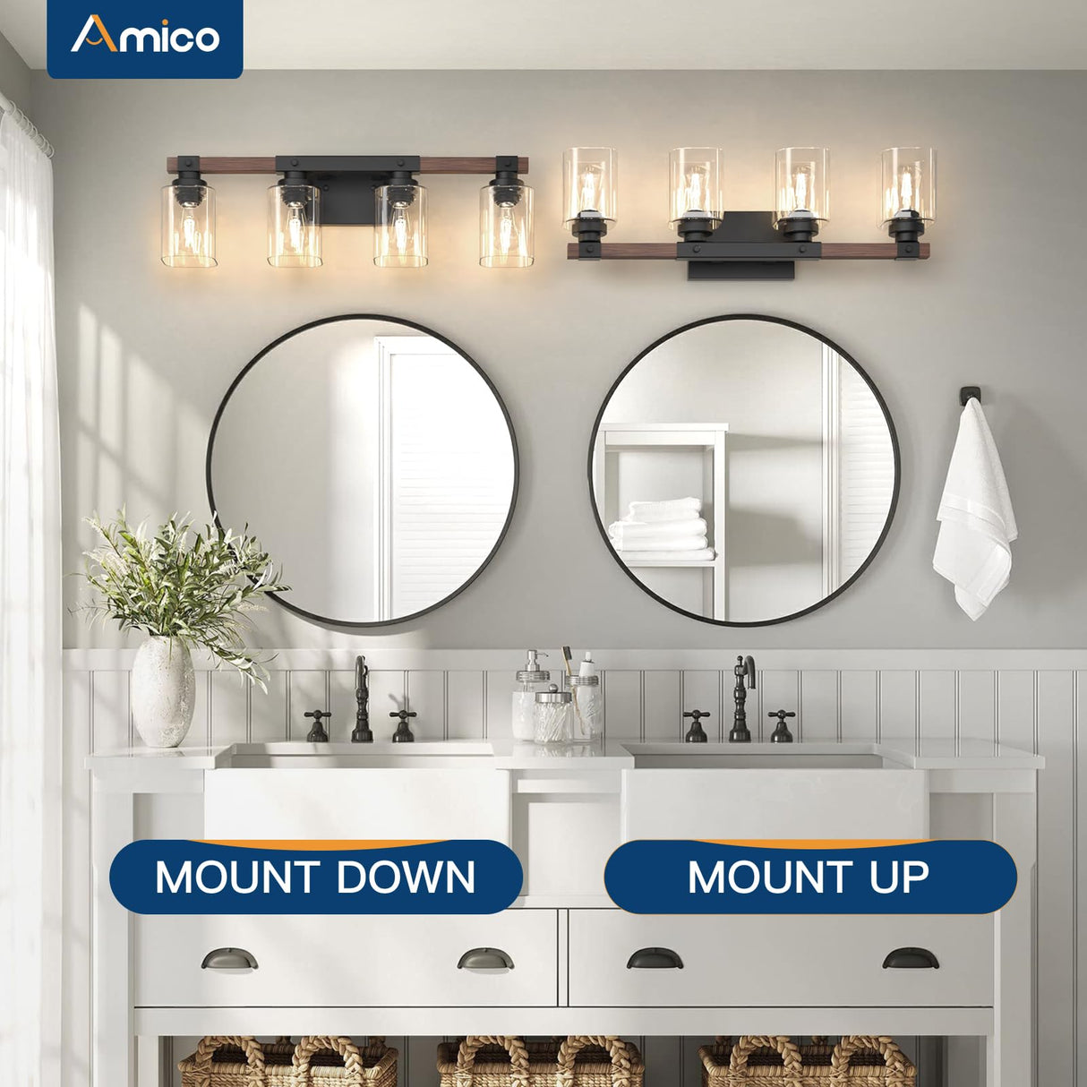 Amico 4-Light Bathroom Vanity Light Fixtures, Rustic Industrial Painted Wood Vanity Lights for Bathroom, Vintage Black Wall Sconces Bathroom Vanity Lighting with Clear Glass Shade Amico