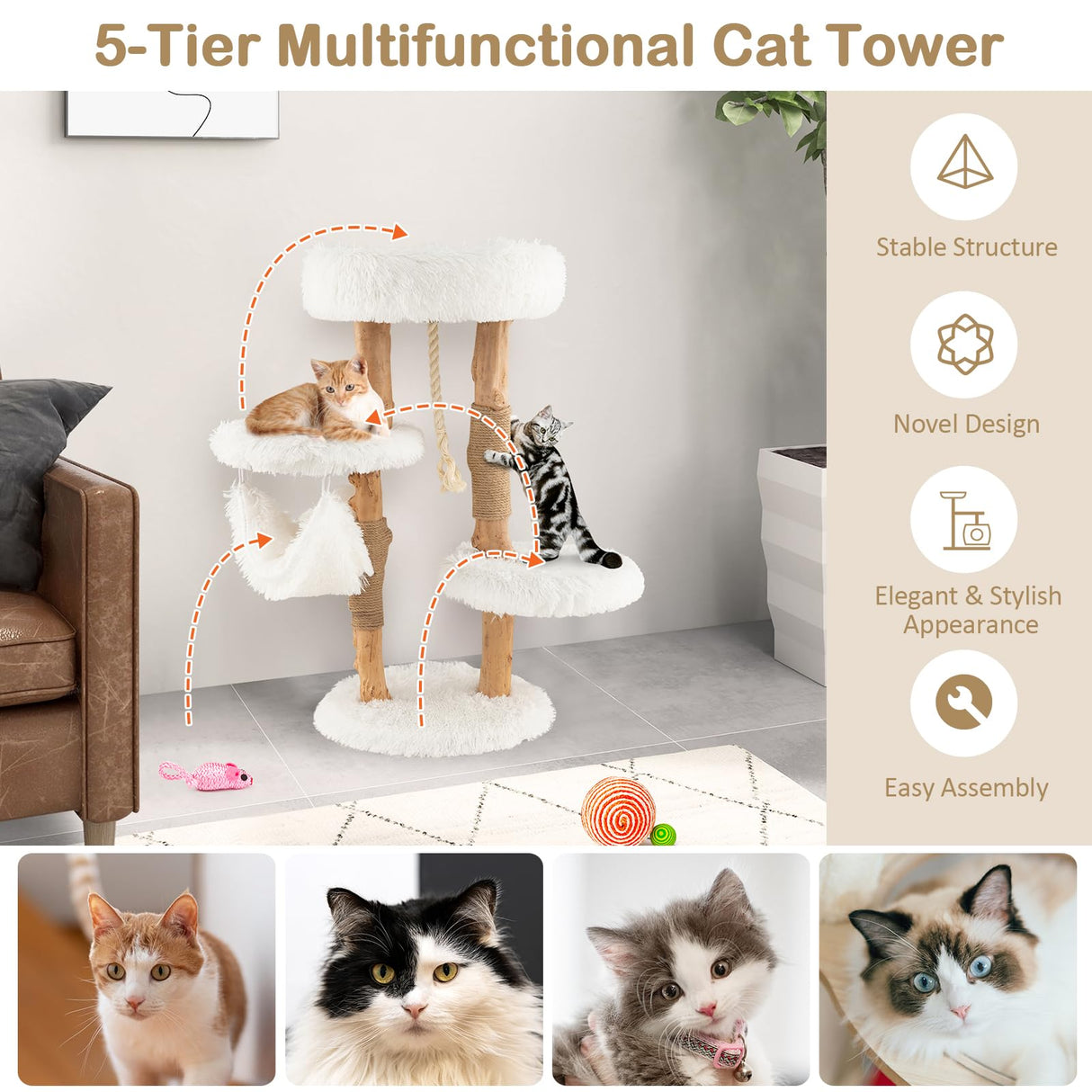 PETSITE 34 inch Wooden Cat Tree, Solid Wood Modern Cat Tower with Jute Scratching Posts, Sisal Rope, Cozy Top Perch and Hammock, Soft Long Plush Pear Wood Cute Cat Tree for Indoor Cats Large PETSITE