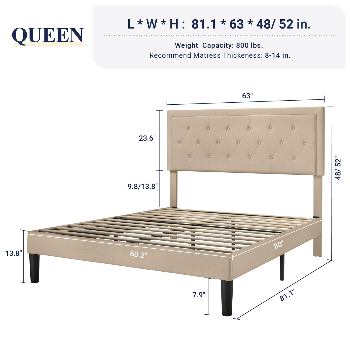 Allewie Queen Size Button Tufted/Fabric Upholstered Bed Frame with Adjustable Headboard/Wood Slat Support/Mattress Foundation/Beige Allewie
