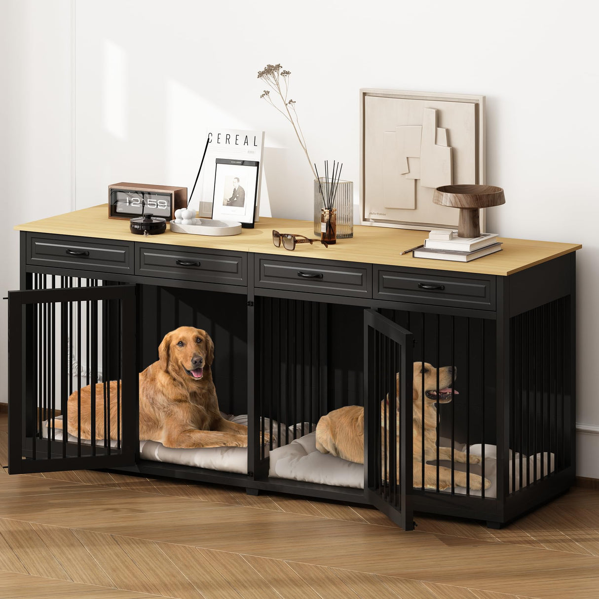 PIAOMTIEE 86.6" Large Double Dog Crate Furniture, XXL Wooden Dog Crate Kennel Furniture with Divider and 4 Drawers, Dog Crates Furniture for 2 Large Dogs Indoor, Black PIAOMTIEE