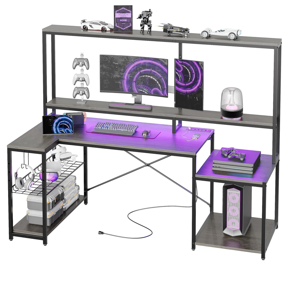 Bestier 71.5” Computer Desk, Gaming Desk with Long Monitor Stand and Hutch, Large L Shaped Corner Desk with Storage Shelf & Printer Stand Headset Hooks, Gamer Desk, Grey Oak Bestier
