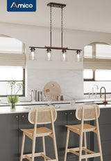 Amico Dining Room Light Fixture 4-Light Kitchen Island Lighting with Adjustable Rods, Farmhouse Decor Black Metal & Wood Chandelier with Seeded Glass Shade, Island Lights for Kitchen Amico