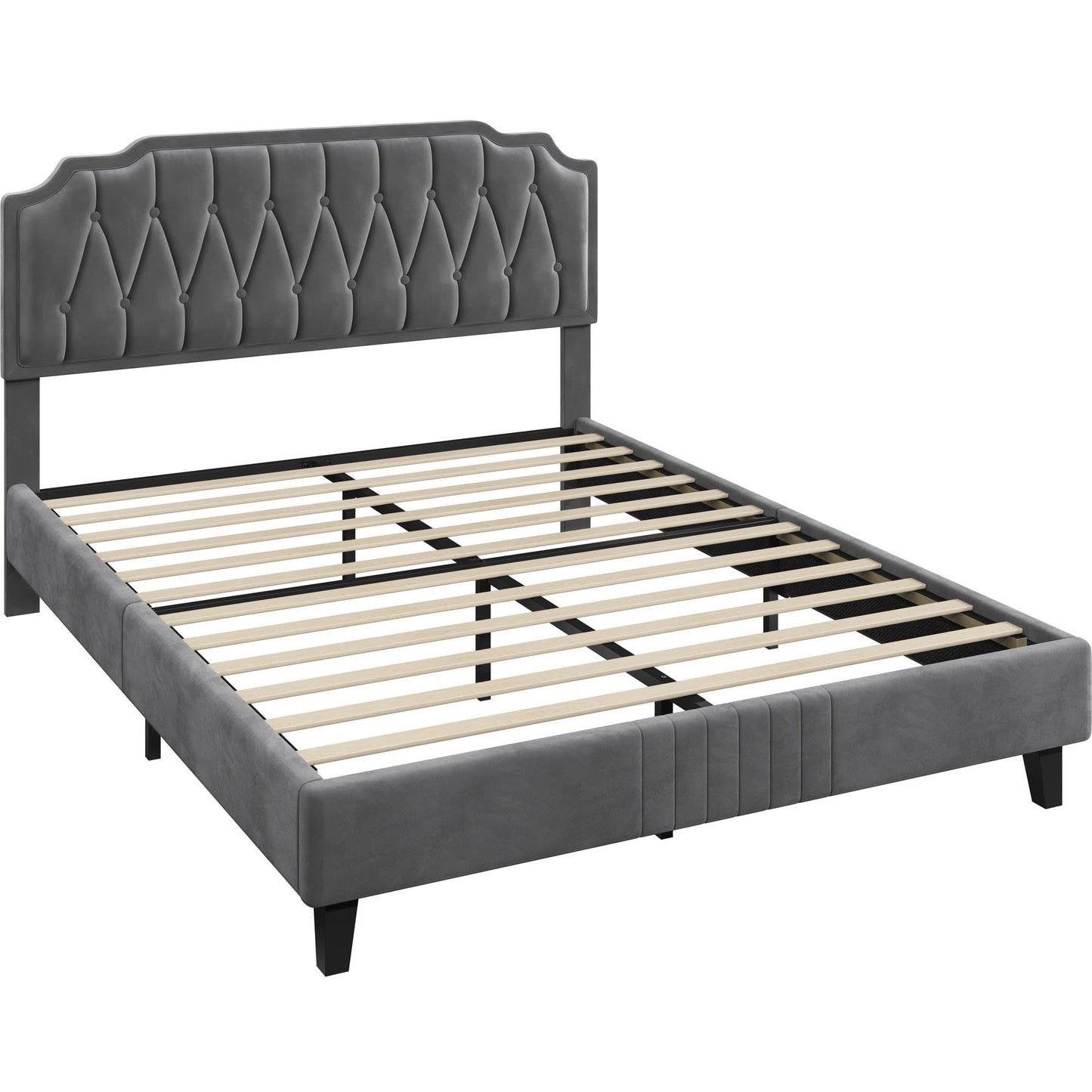 Yaheetech Dark Gray Velvet Upholstered Queen Bed Frame with Adjustable Curved Headboard - WoodArtSupply