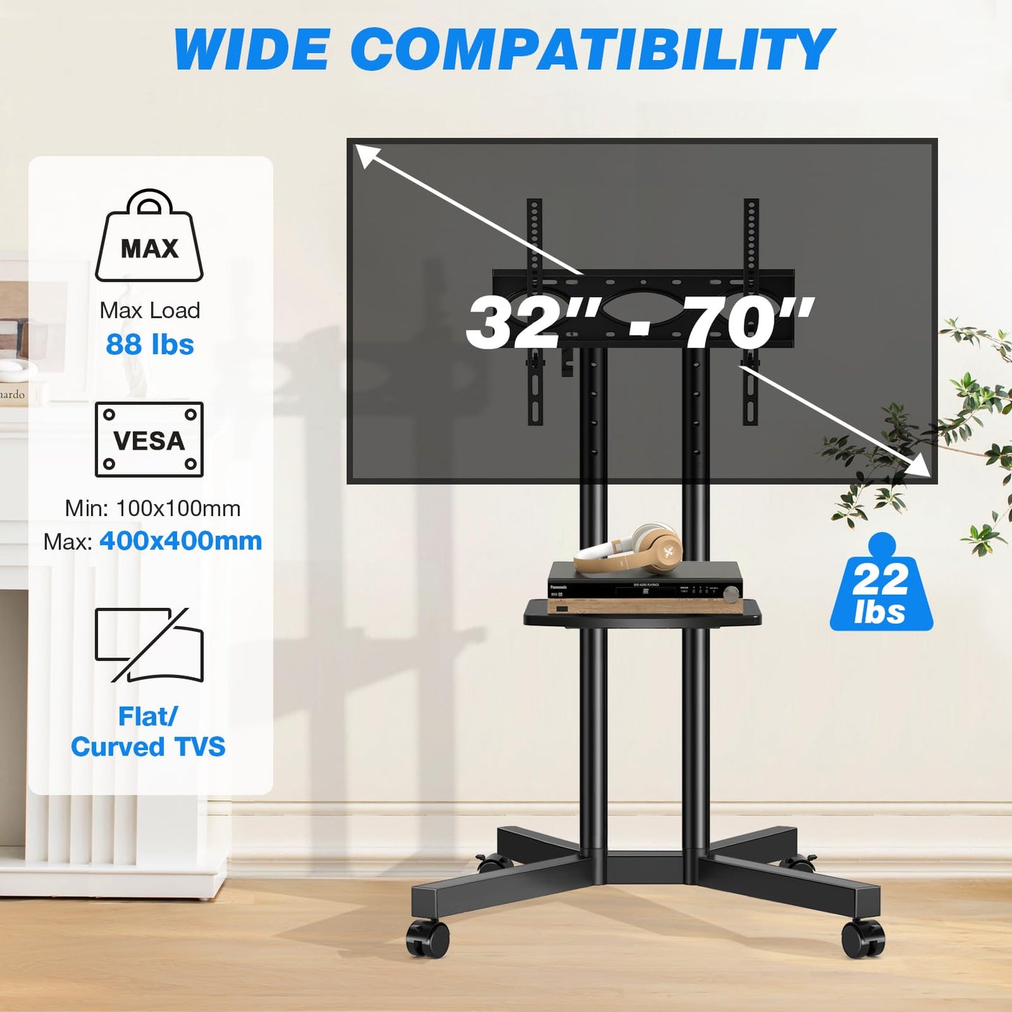 Rfiver Mobile TV Cart Rolling TV Stand with Power Outlet for 32-70 Inch Screens, Protable TV Stand on Wheels with Height Adjustment, Outdoor TV Stand Mount with Shelf Holds up to 88lbs for Home Office