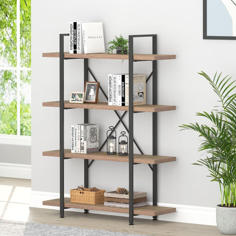 HSH Industrial 4-Tier Rustic Oak Bookshelf: Modern Metal & Wood Etagere for Versatile Home Storage HSH