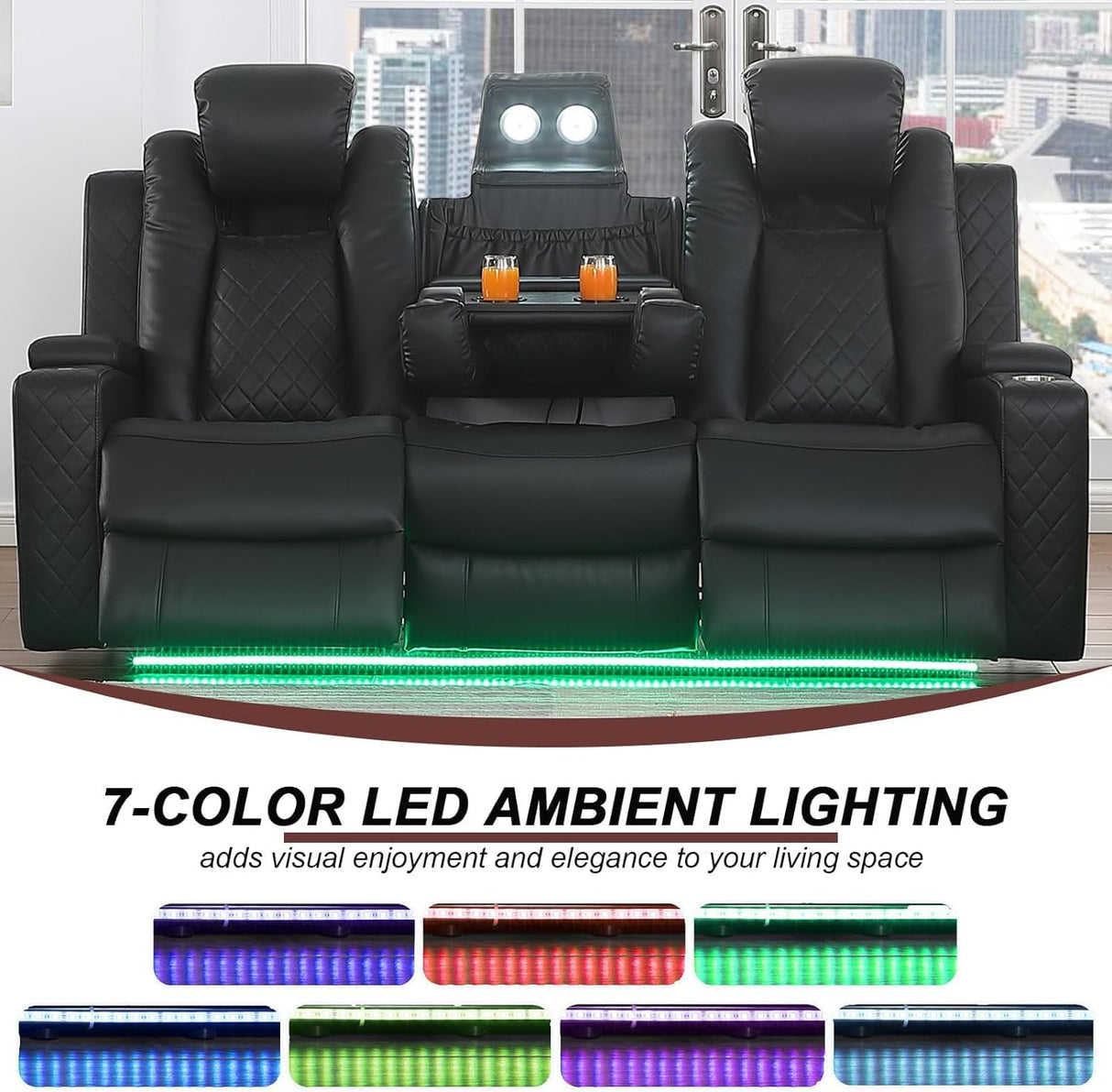 Power Recliner Sofa 3 Seat, Black Leather Reclining Loveseat with Console RV Furniture with Adjustable Headrest/Led Light/Storage/Reading Lamp/Cup Holder/USB&Wireless Charging poplarbox