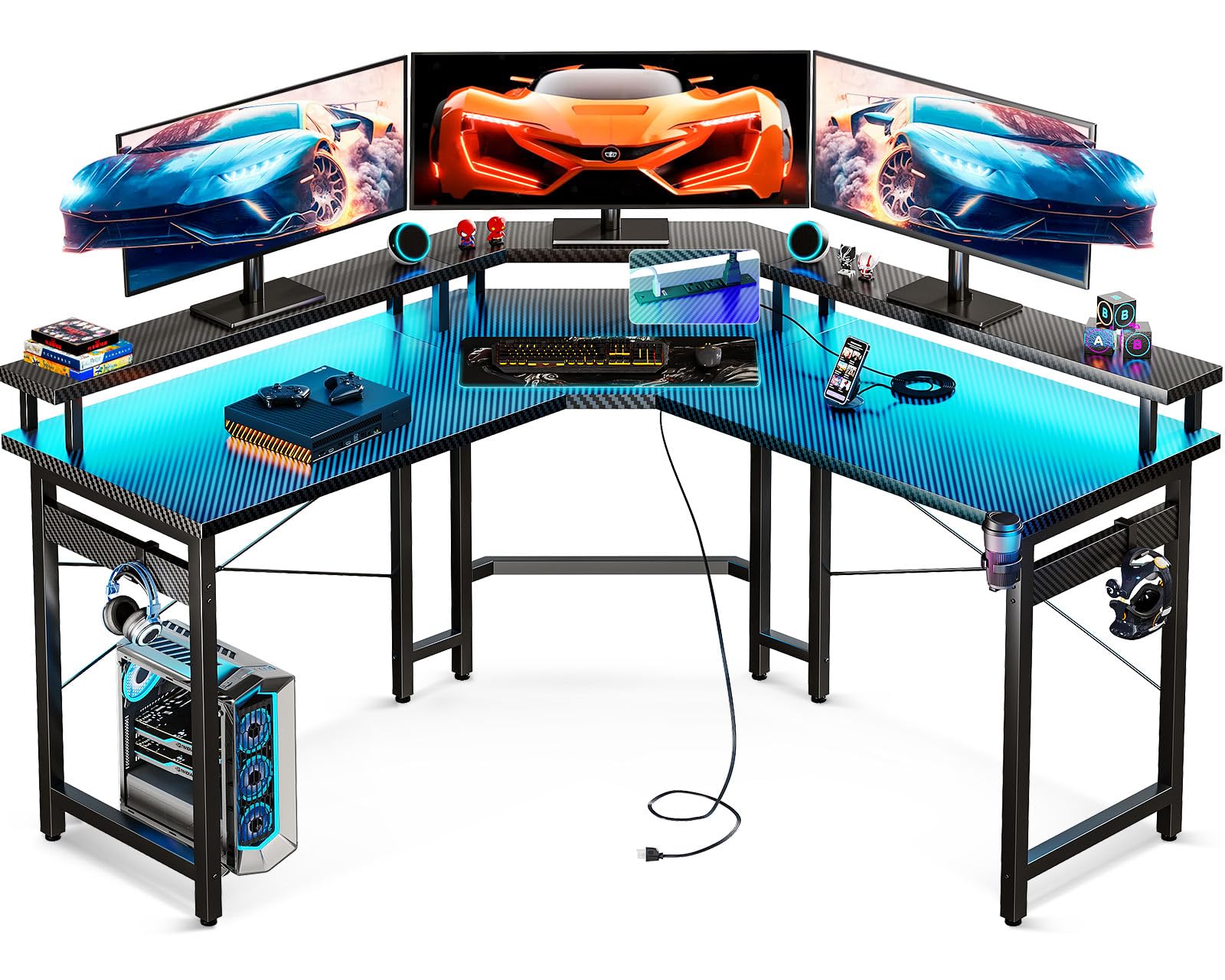 ODK L Shaped Gaming Desk with LED Lights & Power Outlets, 51" Computer Desk with Full Monitor Stand, Corner Desk with Cup Holder, Gaming Table with Hooks, Black Carbon Fiber - WoodArtSupply