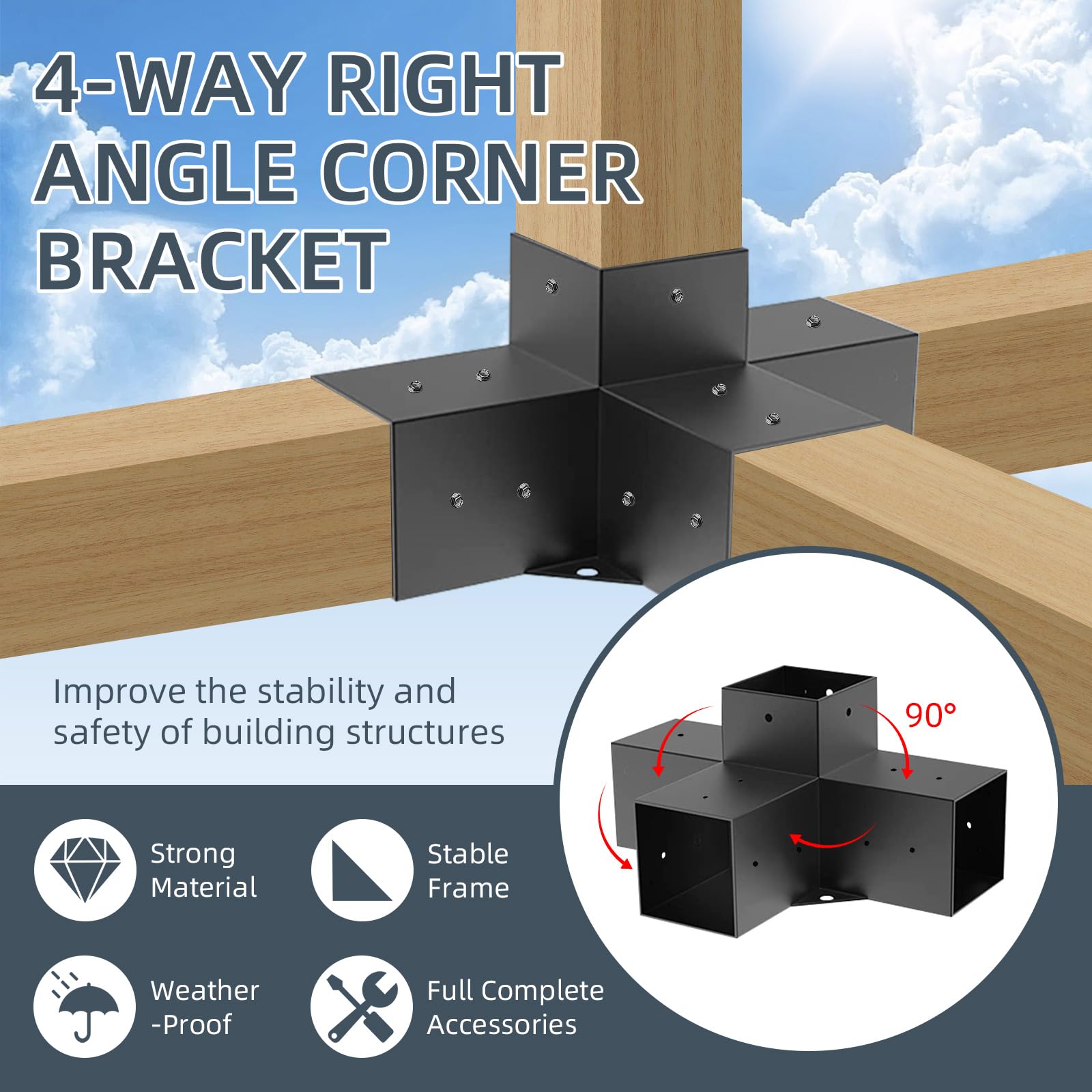 LITLANDSTAR Pergola Kit, Pergola Brackets 3-Way & 4-Way Right Angle Corner Bracket with Post Base Woodworks DIY Pergola Hardware Kit Elevated Wood Stand Kit 12 Pack with Screws for Gazebo 4”x - WoodArtSupply