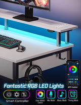 Rolanstar Computer Desk with Power Outlets & LED Light, 47 inch Home Office Desk with Drawers and Storage Shelves, Writing Desk with Monitor Stand, Modern Work Study Desk for Home Office, White Rolanstar