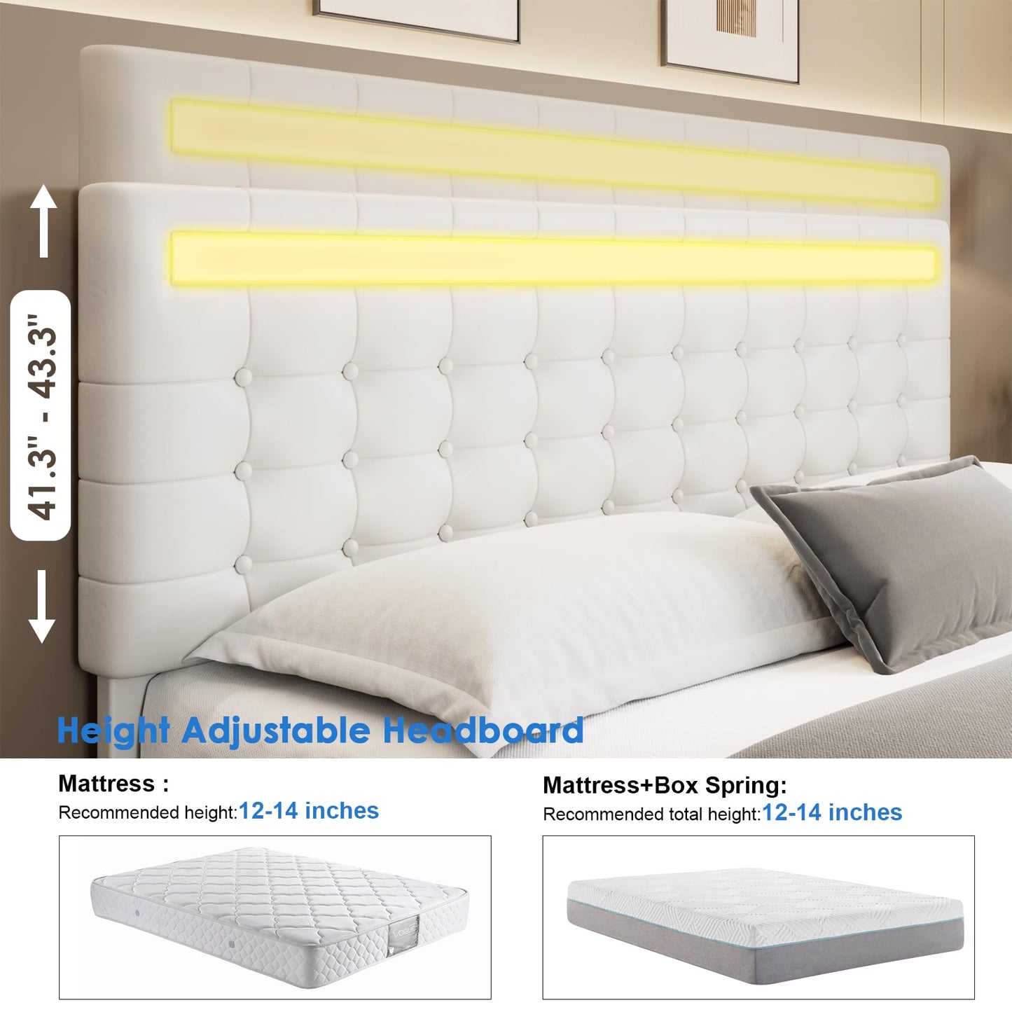 Keyluv Modern Floating Bed Frame with Adjustable LED Lights and Upholstered Leather Headboard - White - WoodArtSupply