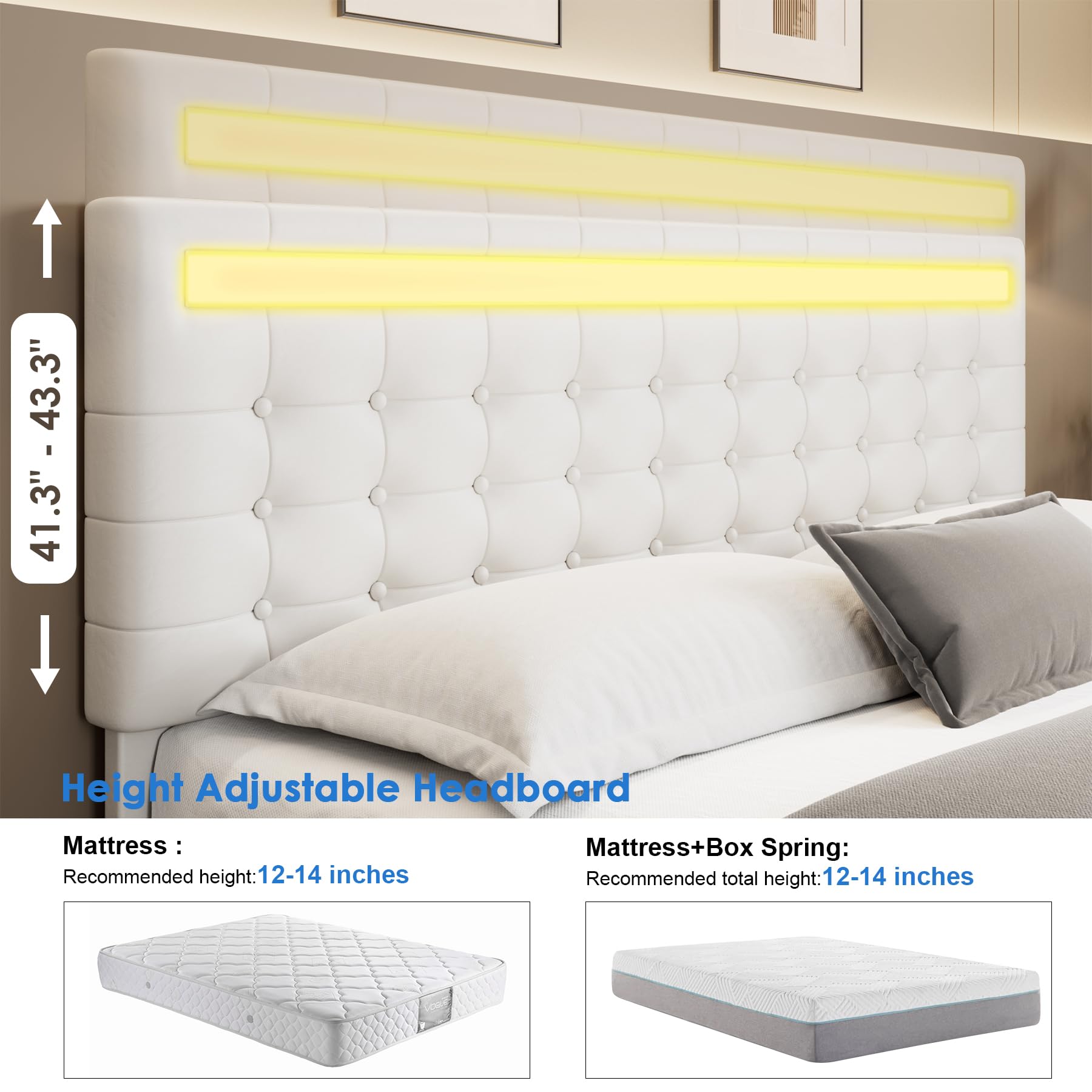 Keyluv Floating King Bed Frame with LED Lights and Adjustable Headboard in White - WoodArtSupply