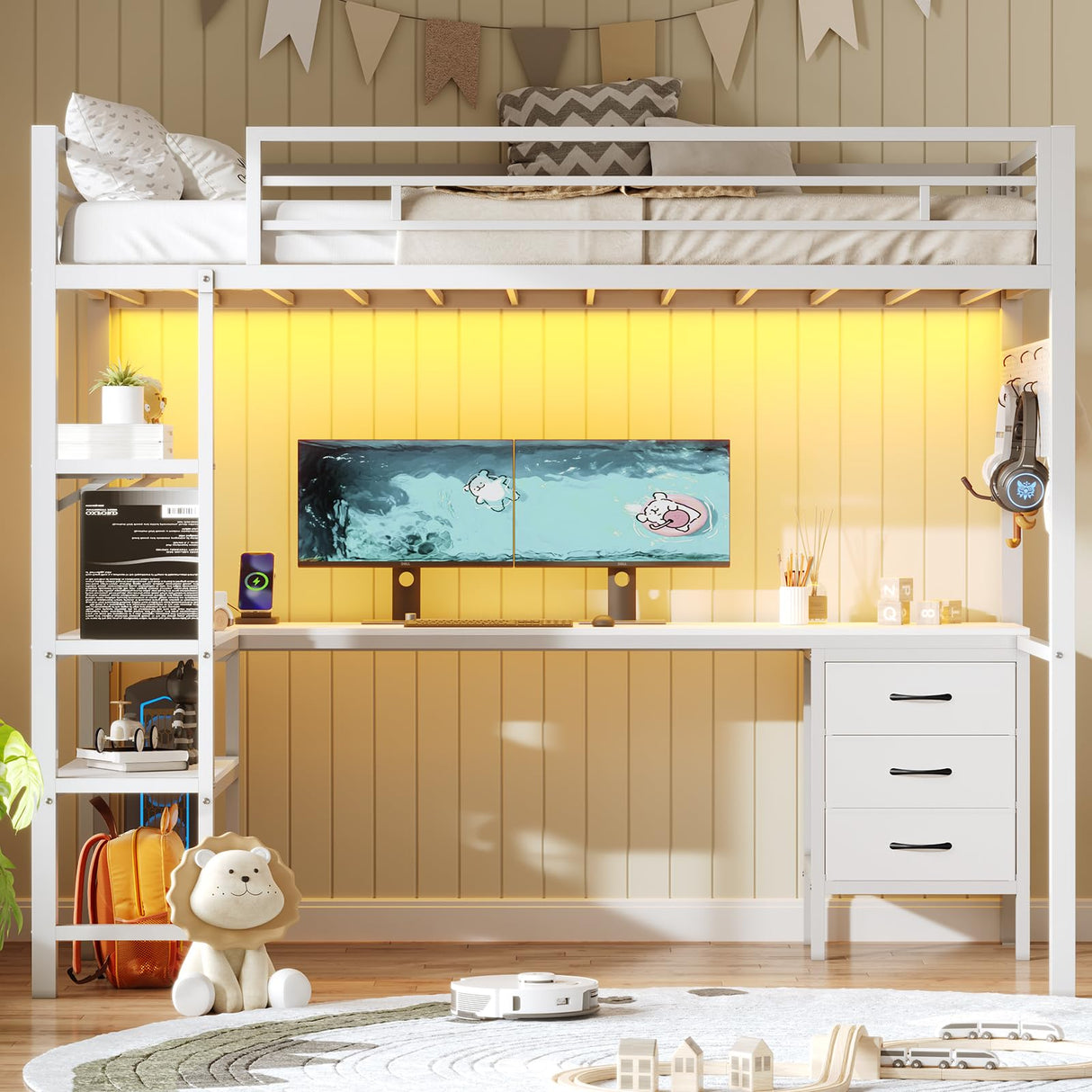 BTHFST Loft Bed Twin Size with L-Shape Desk & RGB LED Lights & Charging Station, Twin Bunk Bed with Fabric Drawers & Shlves, 13.4'' H Safety Guardrail, Noise Free, No Box Spring Needed BTHFST