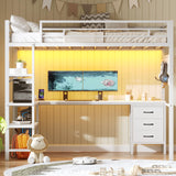 BTHFST Loft Bed Twin Size with L-Shape Desk & RGB LED Lights & Charging Station, Twin Bunk Bed with Fabric Drawers & Shlves, 13.4'' H Safety Guardrail, Noise Free, No Box Spring Needed BTHFST