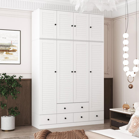 ECACAD Extra Tall Wardrobe Armoire with Top Cabinet, 10 Shelves, 4 Drawers, Hanging Rod & 8 Louver Doors, Wooden Closet Storage Cabinet for Bedroom, White (59”W x 19”D x 94.5”H) ECACAD