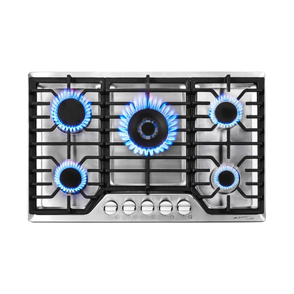 AMZCHEF 30 inch Gas Cooktop with 5 Made in Italy SABAF Power Burners.Max 48,300 BTU/hr Built-in Gas Stove top of 304 Stainless steel,NG/LPG Convertible, ETL.